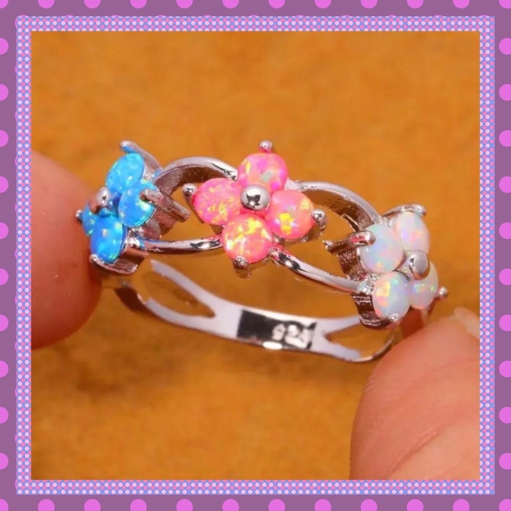 🌸Blue, Pink & White Fire Opal Ring🌸