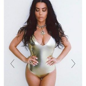 NWOT HMS Gold Metallic Criscross Openback Bodysuit