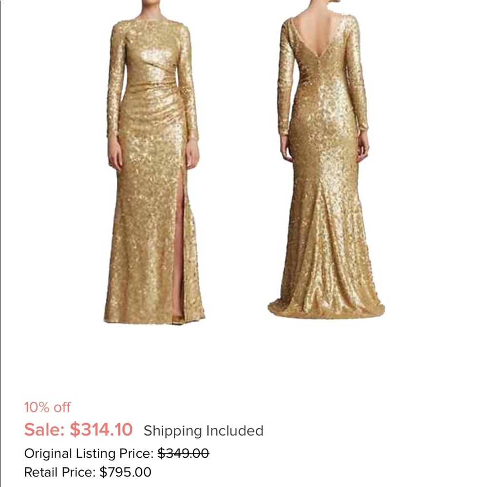 Badgley Mischka floor length gold sequin dress
