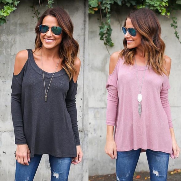 Restocked! Cold Shoulder Charcoal Grey Tee - Picture 2 of 2