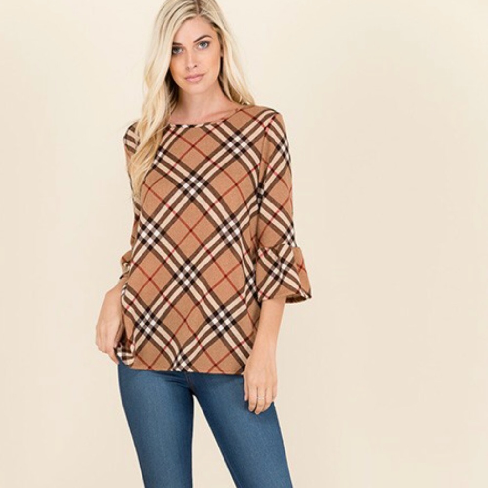 Quinn Beige Tartan Ruffle Sleeve Top☃️ 1 Left Sale - Picture 2 of 7