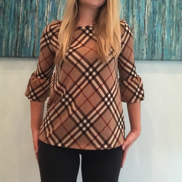 Quinn Beige Tartan Ruffle Sleeve Top☃️ 1 Left Sale - Picture 6 of 7