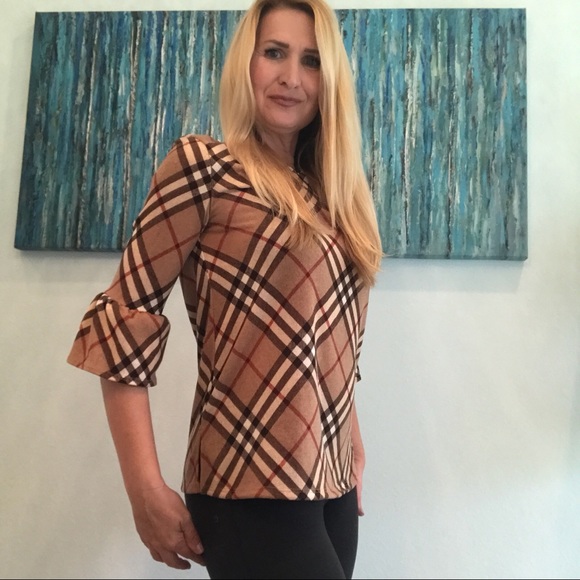 Quinn Beige Tartan Ruffle Sleeve Top☃️ 1 Left Sale - Picture 5 of 7