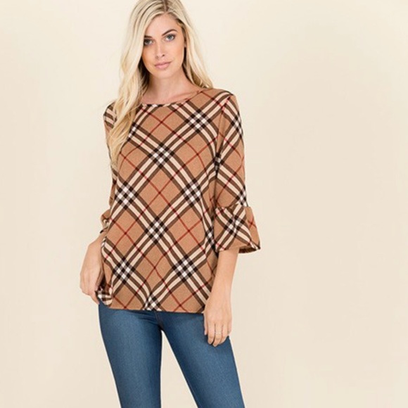 Quinn Beige Tartan Ruffle Sleeve Top☃️ 1 Left Sale - Picture 2 of 7