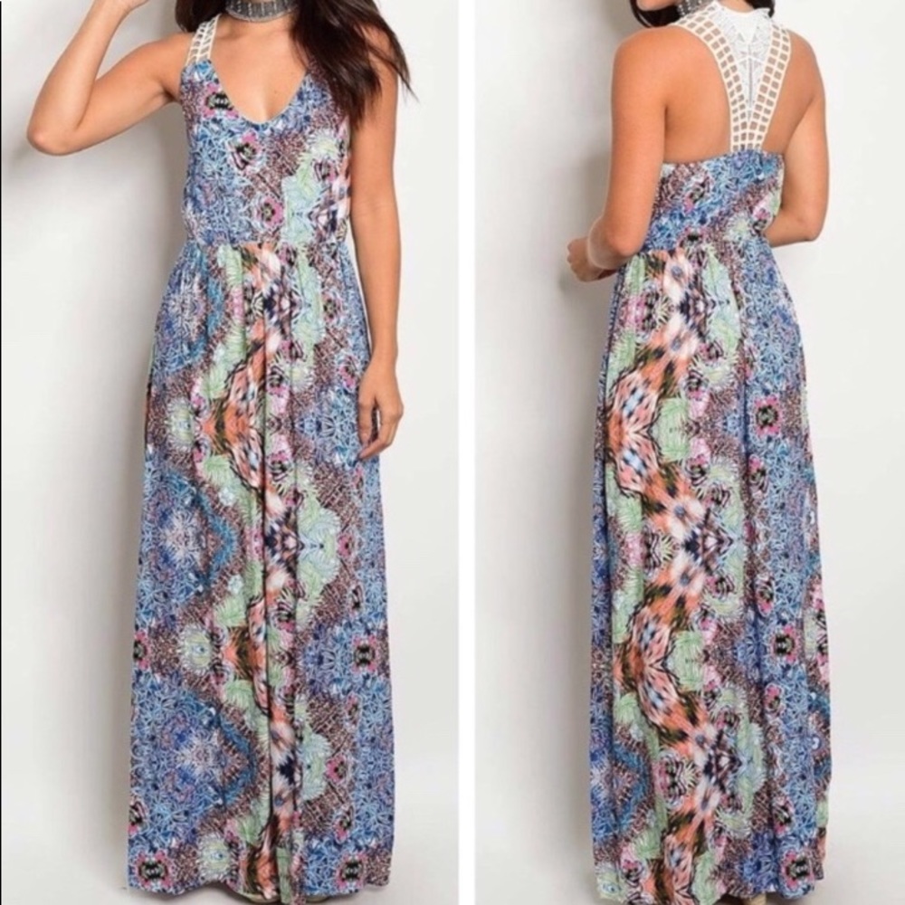 Multi-colored Maxi Dress with crocheted details Size large