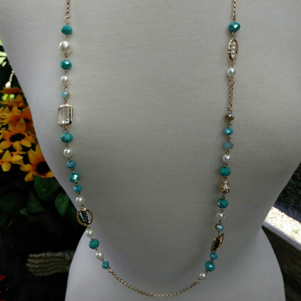 Crystal Avenue Turquoise Peal Long Length Necklace