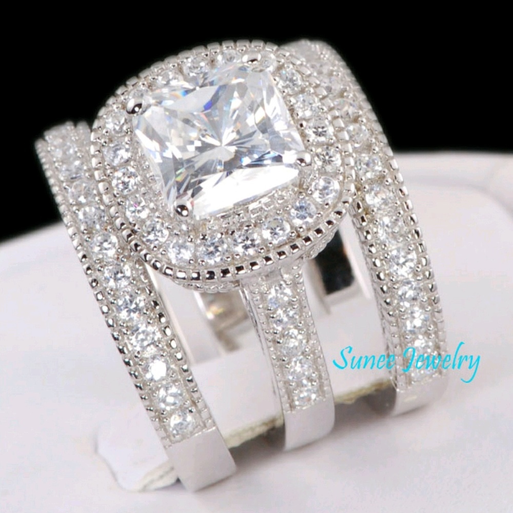 925 Halo Cushion Cut Wedding Engagement Ring Set