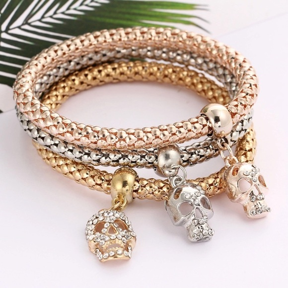 Jewelry - Rose Gold Silver Crystal Skull Layer Bracelet