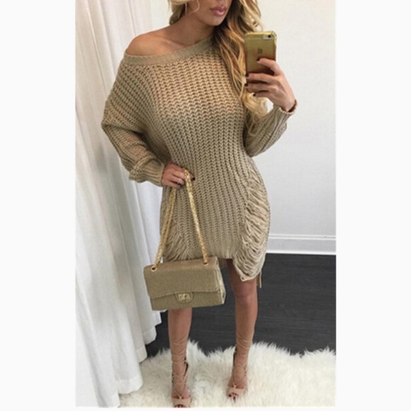 Sexy beige long sleeve broken holes sweater dress - Picture 2 of 5