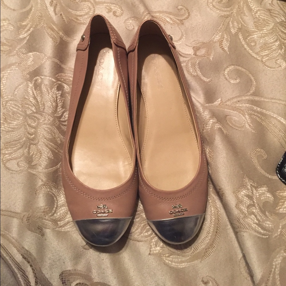 Tan and metallic silver Coach ballet flats