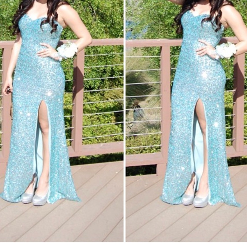 Light blue sequin prom dress