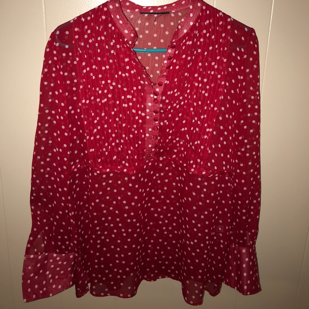 Red w/ White Polka Dots sheer long slvd XL blouse
