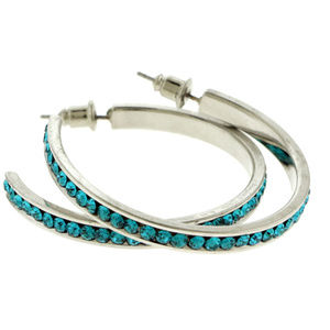 Silver-Tone Hoop Earrings With Bright Blue Crystal