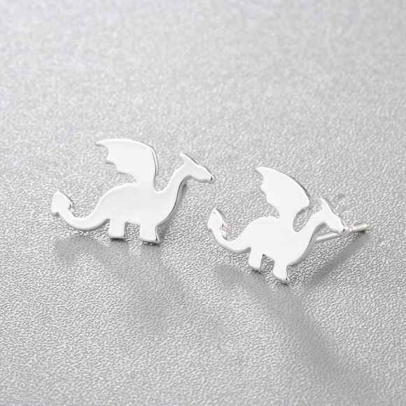 Silver Tone Dragon Stud Earrings - Picture 3 of 6