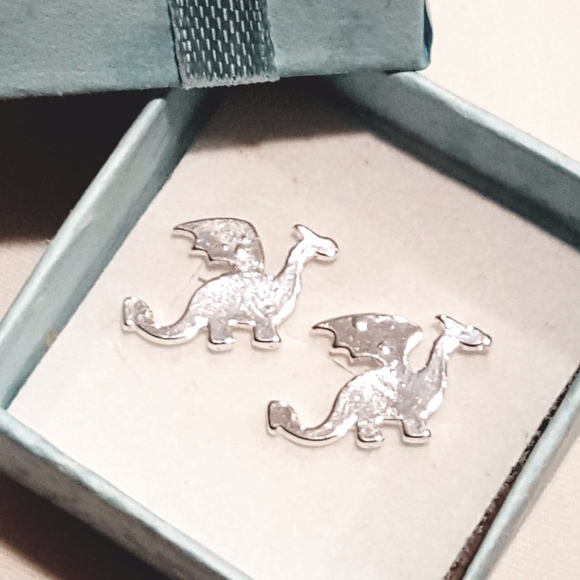 Silver Tone Dragon Stud Earrings - Picture 2 of 6