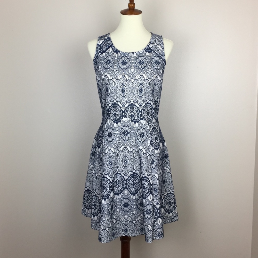 Stunning Navy Blue & White Lace Overlay Dress