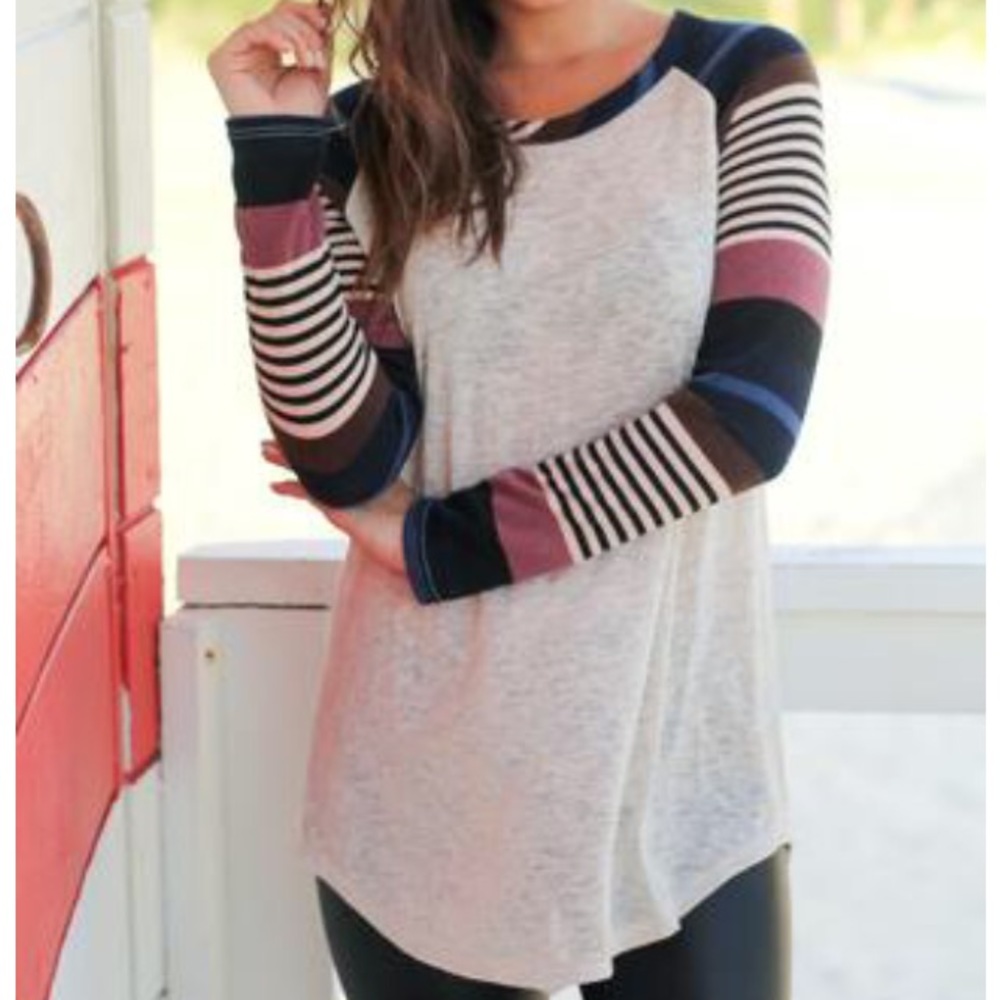 Long Sleeve Top with Striped on Sleeves