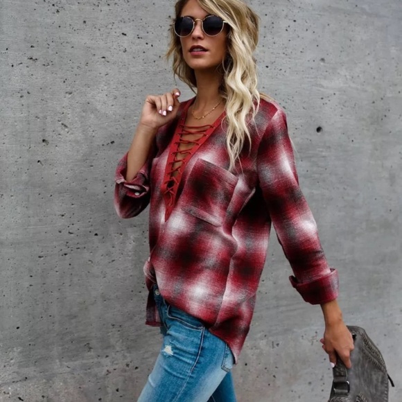 KLHOE | V-Neck Lace Up Top - Picture 2 of 8