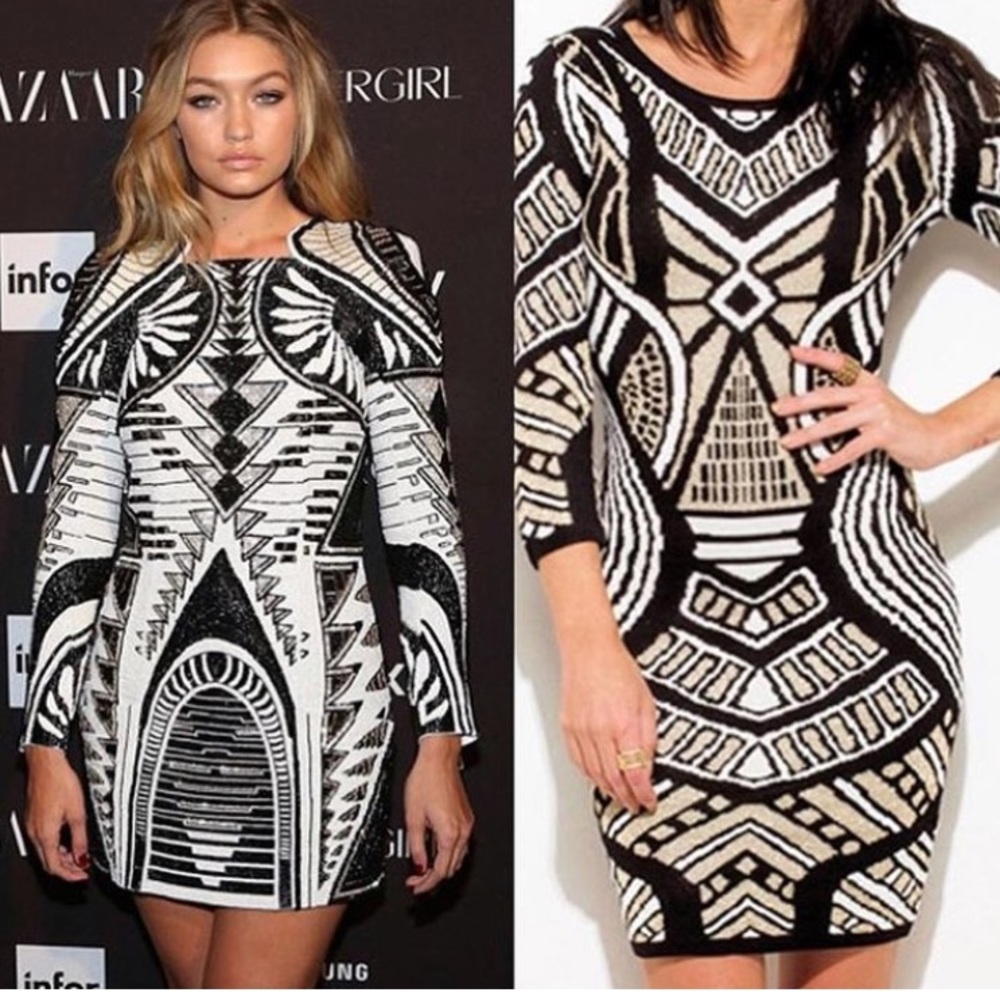 Graphic bold print black gold sweater dress