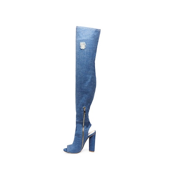 JODIE BLUE DENIM SEAM DETAIL POINTED TOE STILETTO THIGH HIGH  Denim thigh high boots