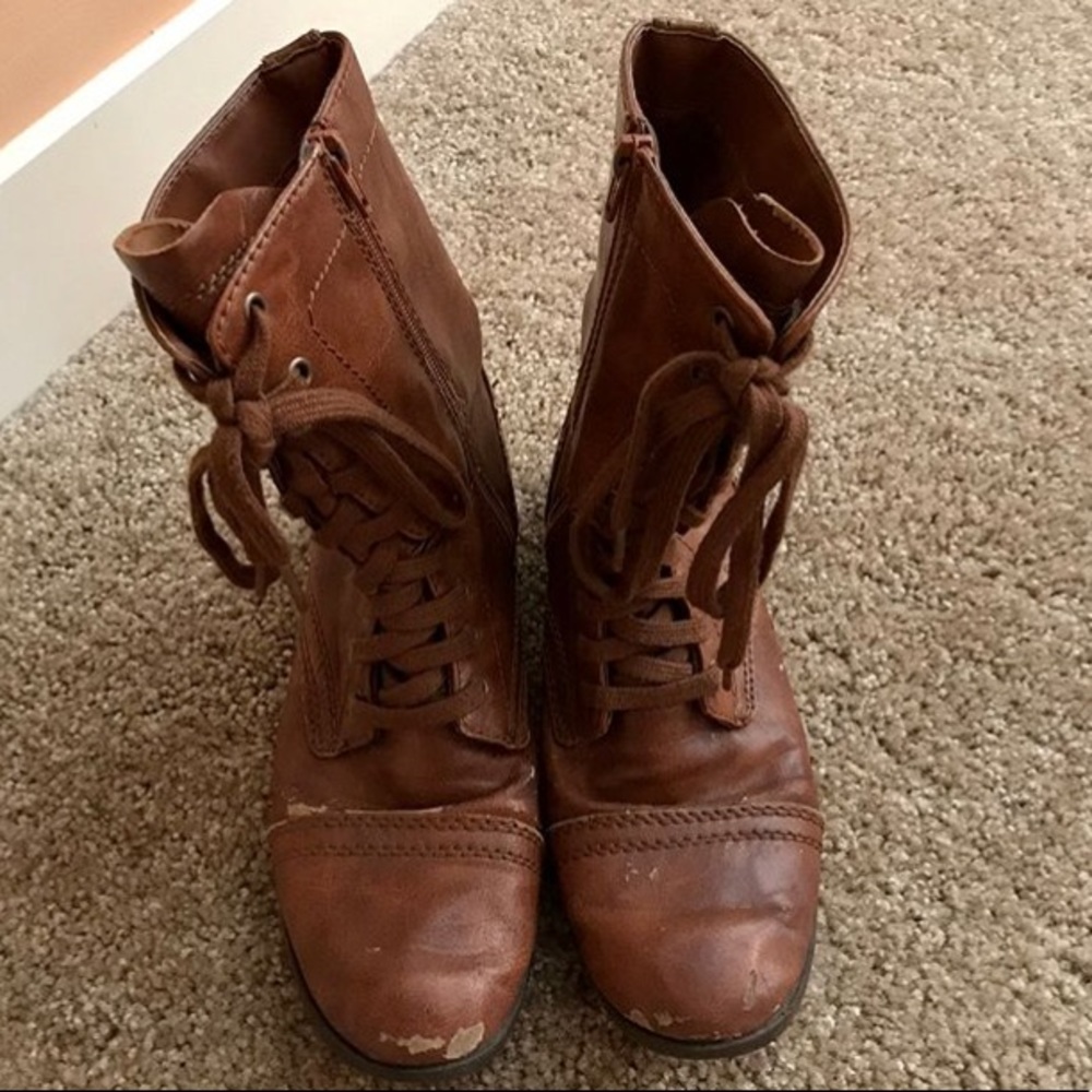 Brown faux leather combat boots
