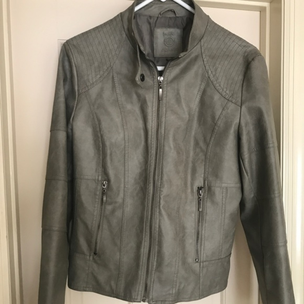 Max Jeans Green Gray Faux Leather Moto Jacket L