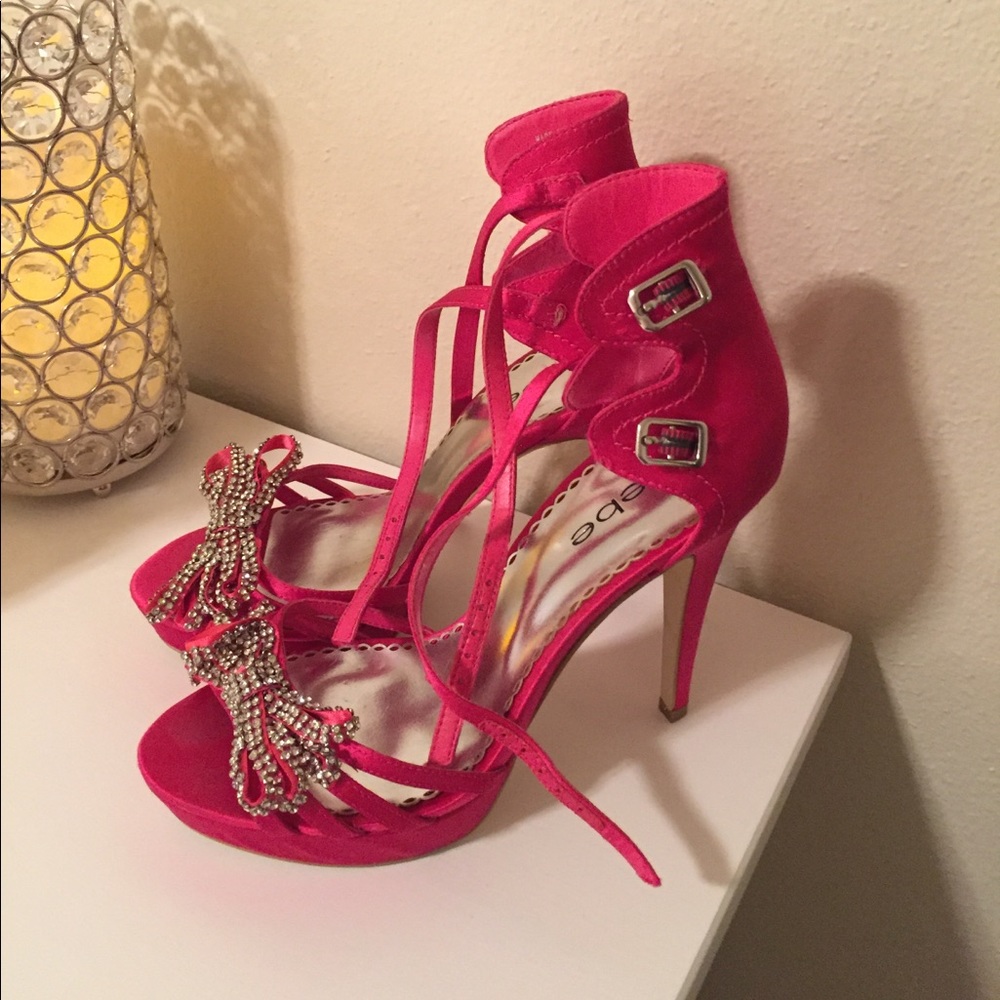 Bebe pink rhinestone bow platform straps heels