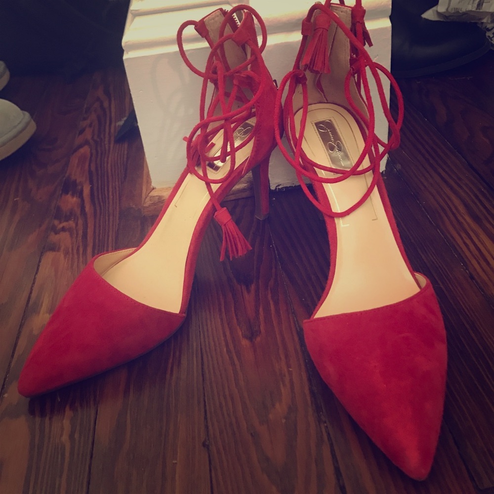 Red strap up heels