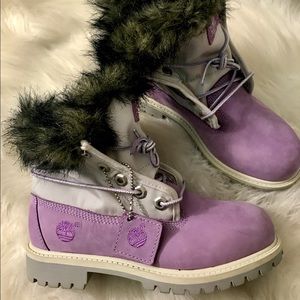 Purple timberland boots with fur