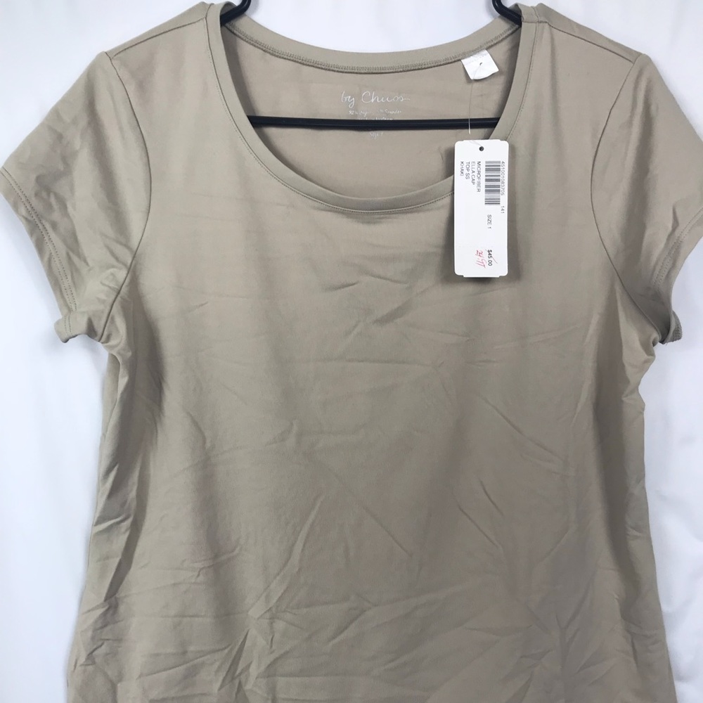 Chico's Khaki Microfiber Basic Short Sleeve Sz 1