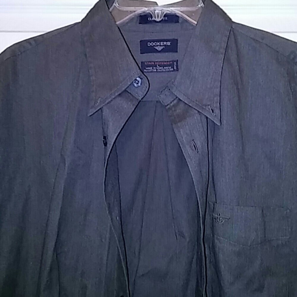 Dockers Long Sleeve Stain Defender Shirt, L Gray