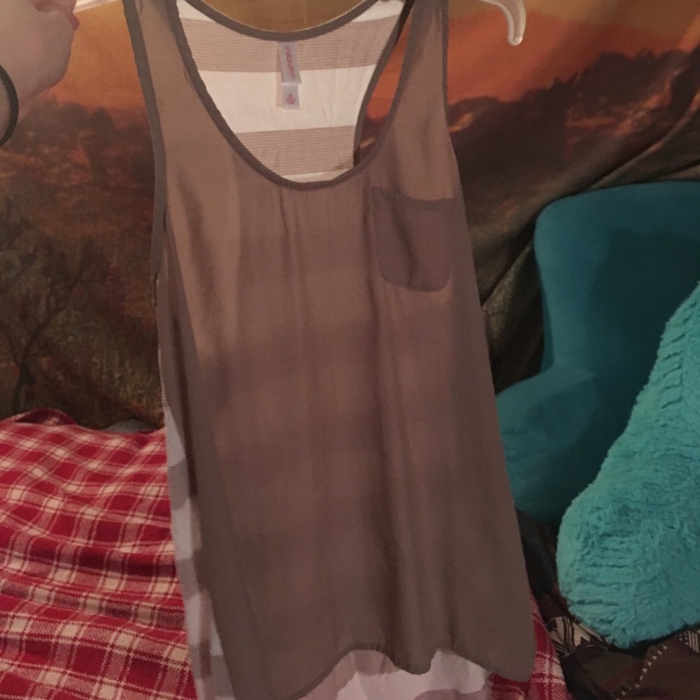 Tank top- tan solid side and a striped back side.