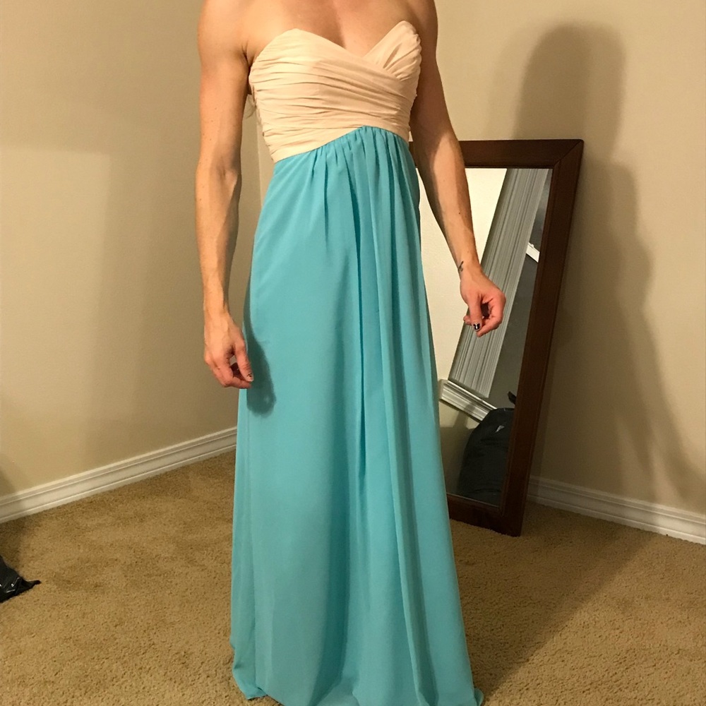 Alfred Angelo. Strapless long bridesmaid dress.
