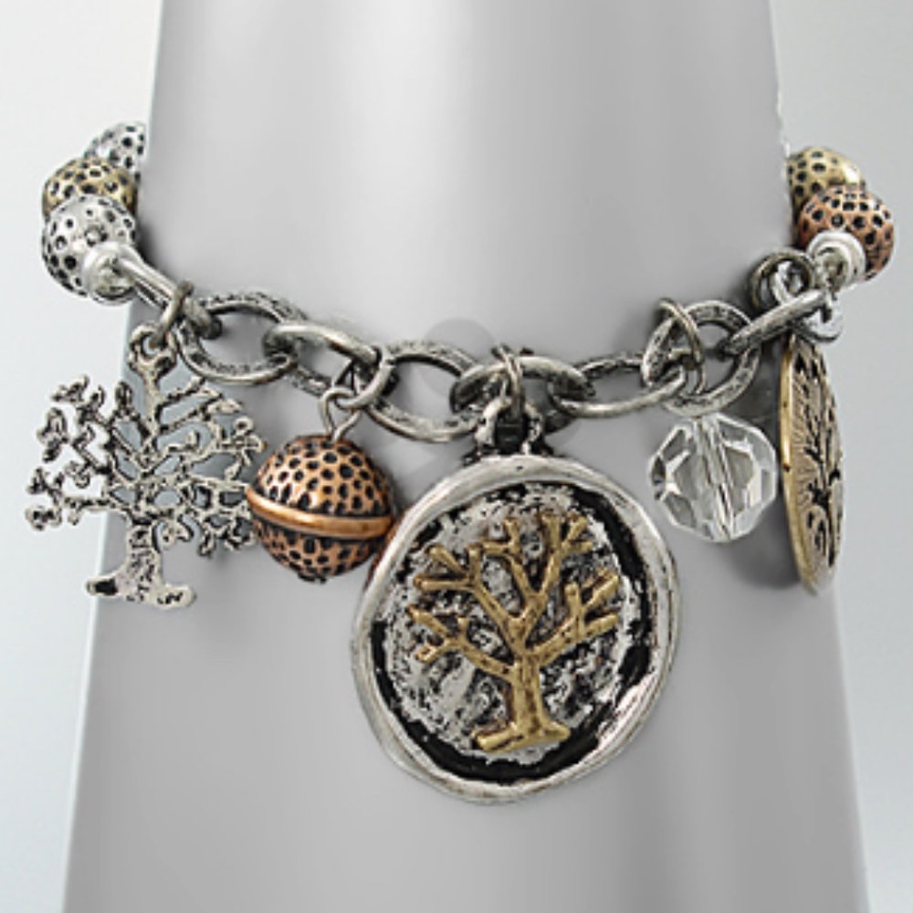 Burnt three tone multi charm bracelet