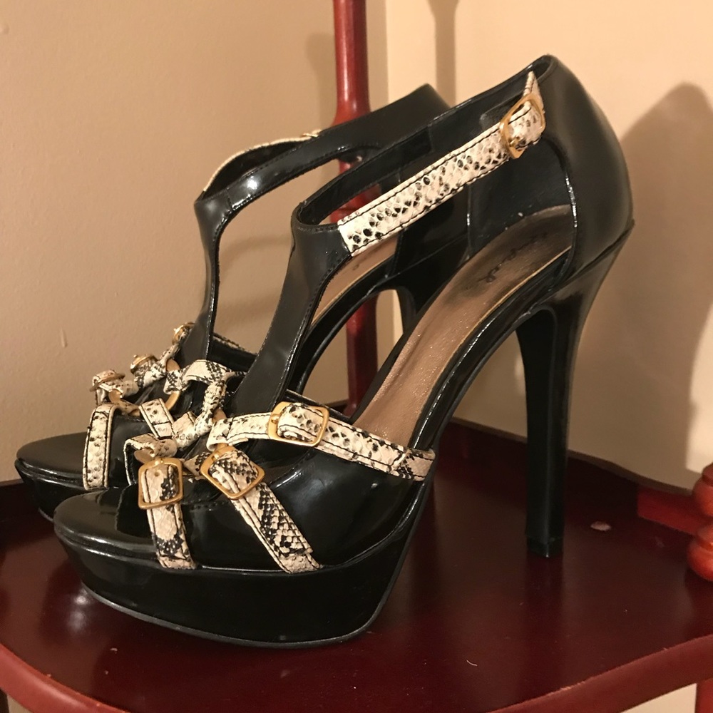 Black Patent Leather and Snakeskin Heels