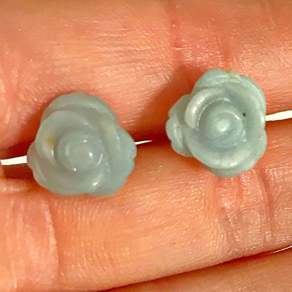 Genuine aquamarine carved rose stud earrings