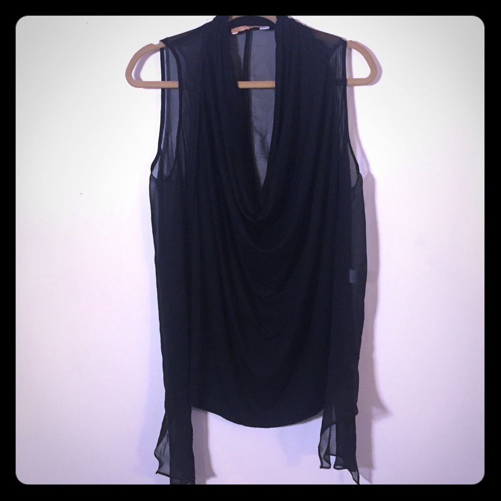 Black Silk top Med side drape details sheer back