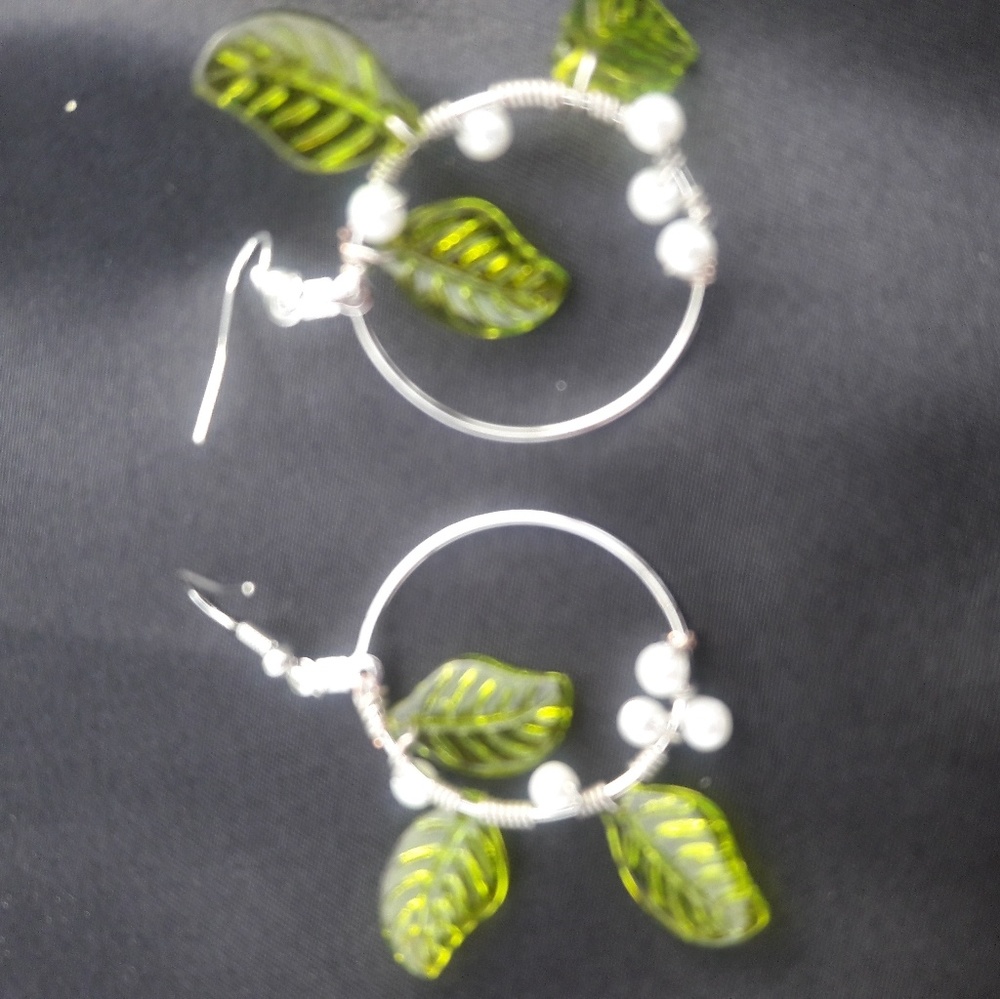 Handmade green glass leaf earrings