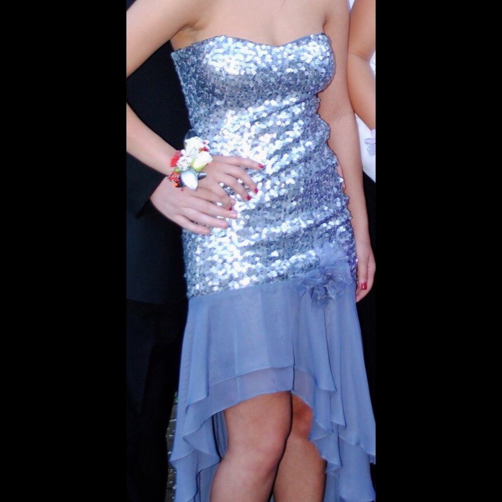 Silver sequins gown high low formal