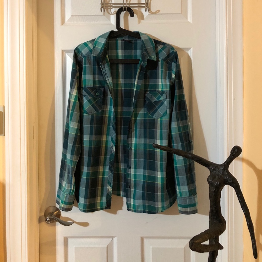 FADED GLORY Teal Plaid Button Up Blouse