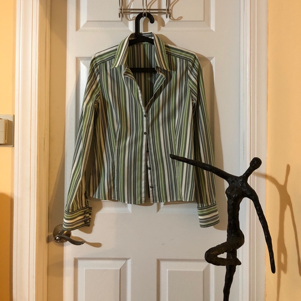 ELIE TAHARI Green Stripe Button Up Blouse