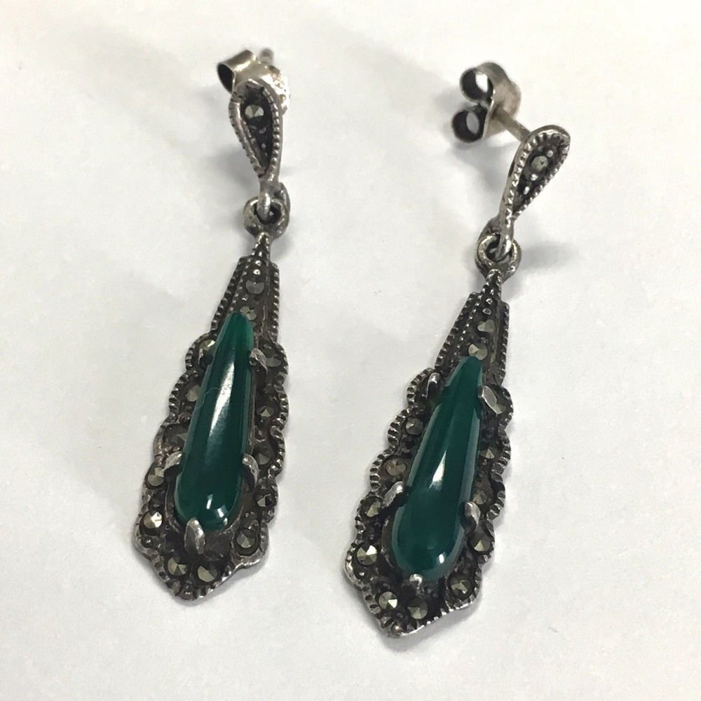 Vintage sterling silver & malachite drop earrings