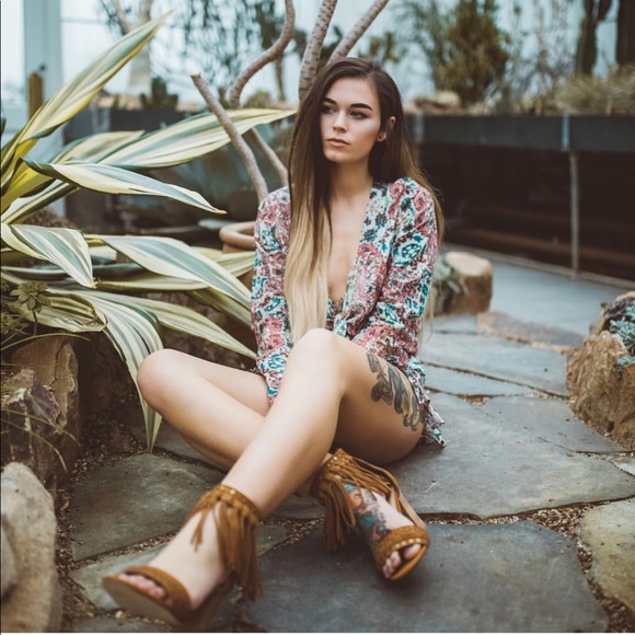 Tan Leather Fringe Festival Boho Block Heel Sandal - Picture 3 of 5