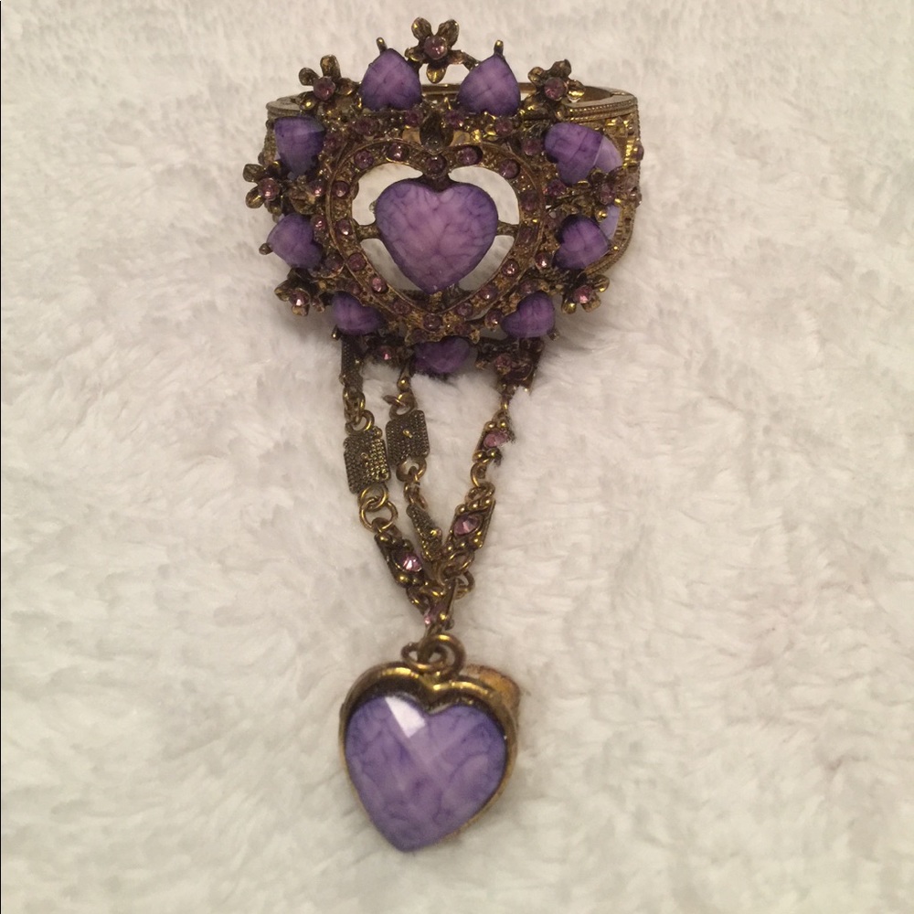 Purple and faux gold bracelet with ring attached