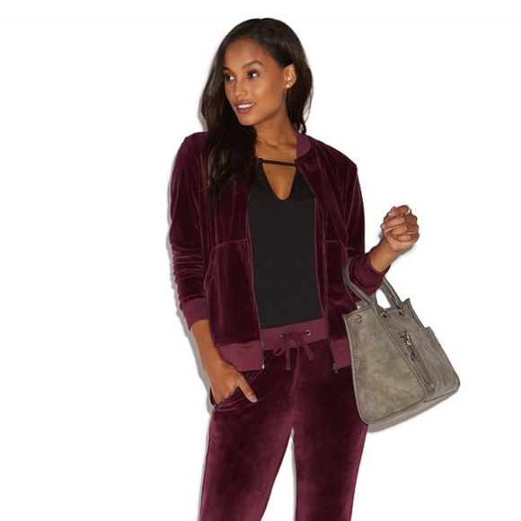 NWT JustFab Velour Track Jacket in Burgundy - Picture 3 of 5