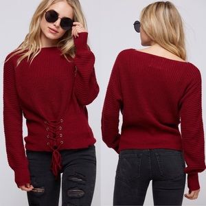 Burgundy Knit Lace up Sweater