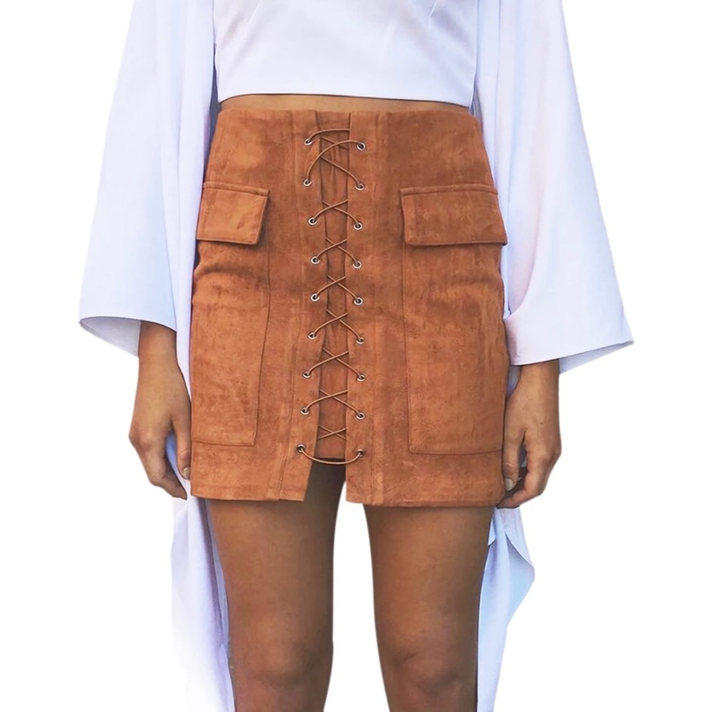 High Waisted Lace Up Suede Skirt