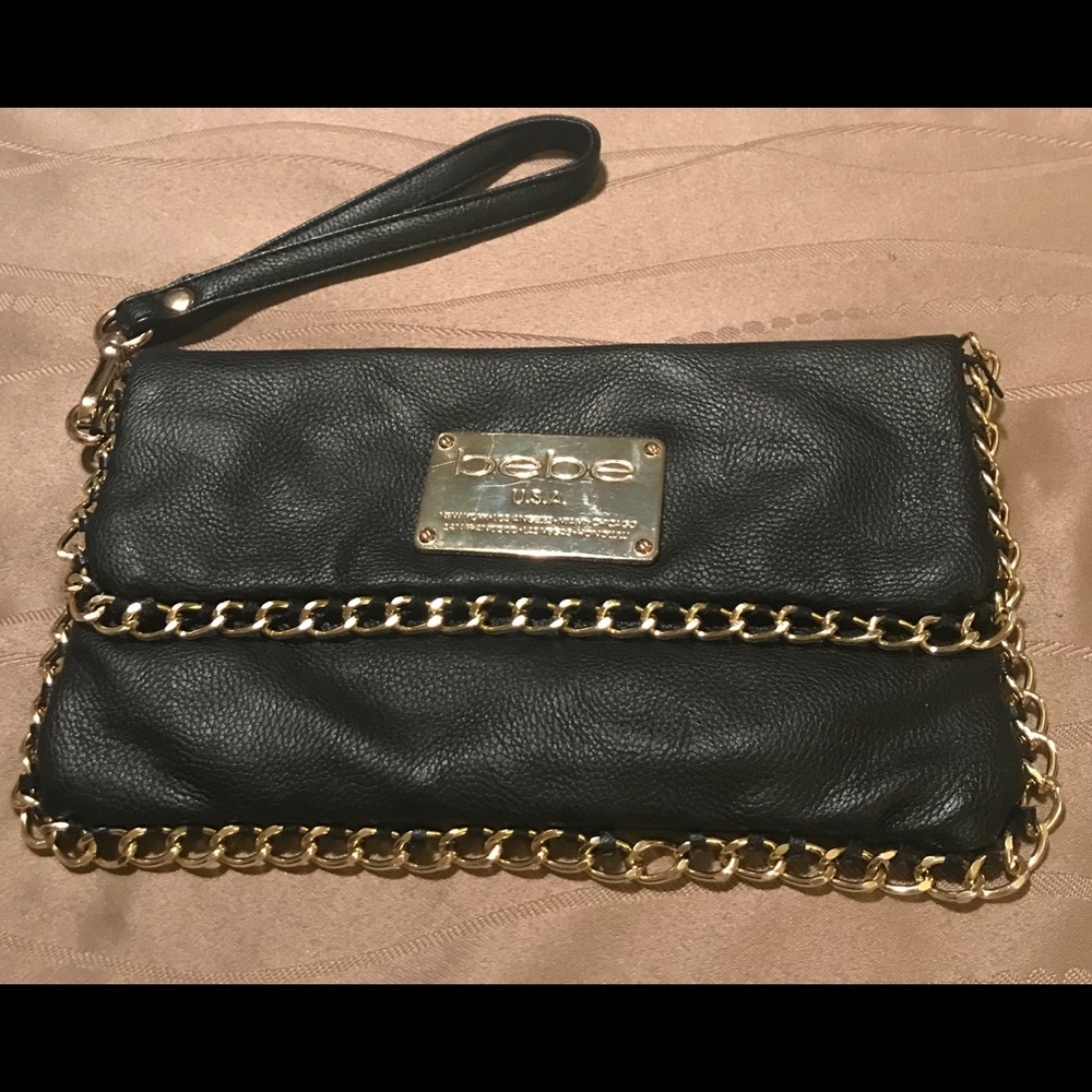 bebe Black Leather Clutch With Gold Tone Chain
