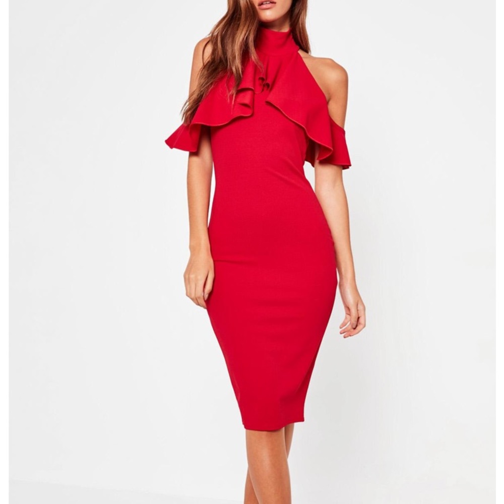 high neck frill cold shoulder midi dress red
