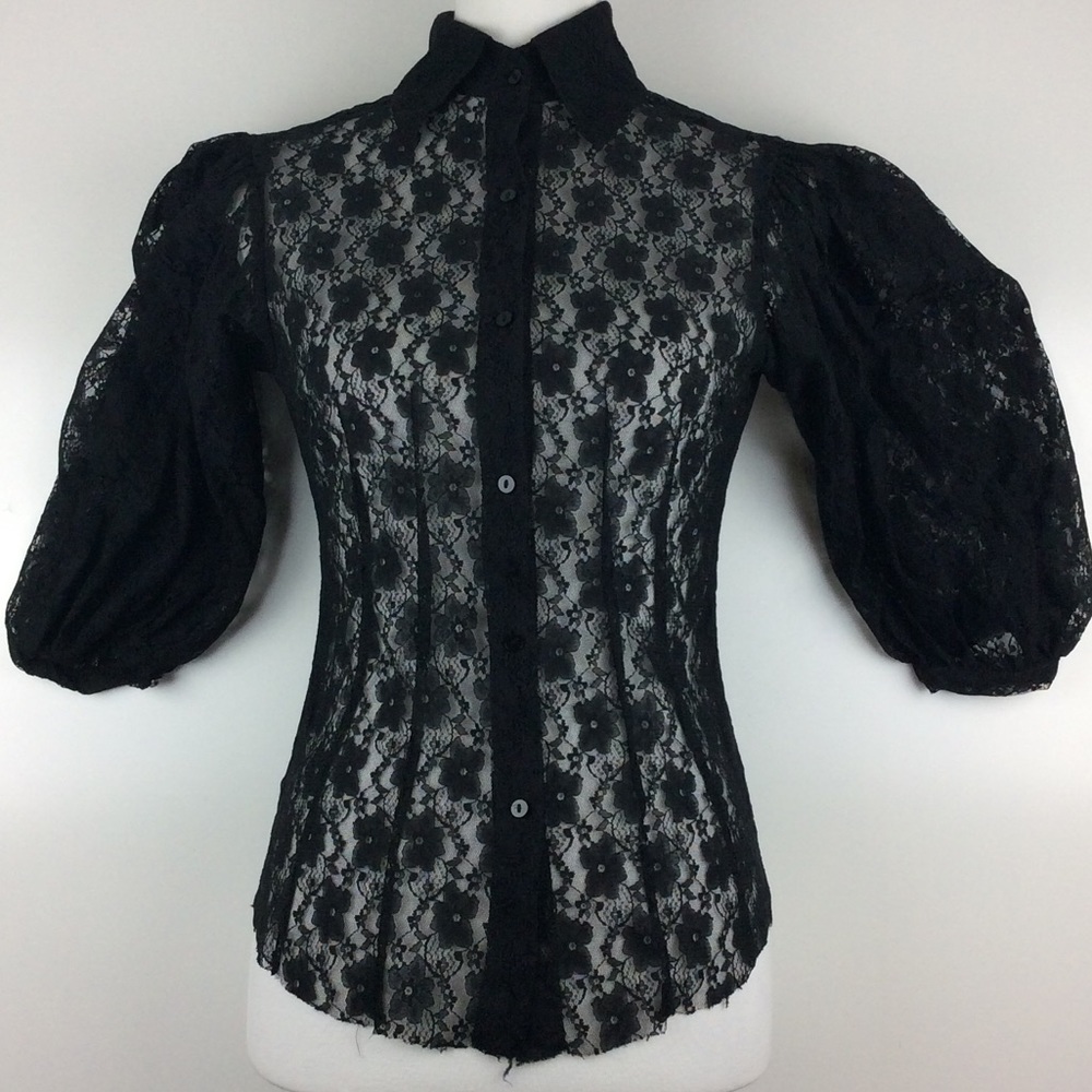 Ballon Sleeve Lace Button Down Shirt